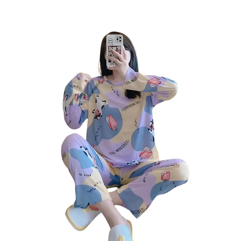 Cartoon Floral Long-Sleeve Pajama Set